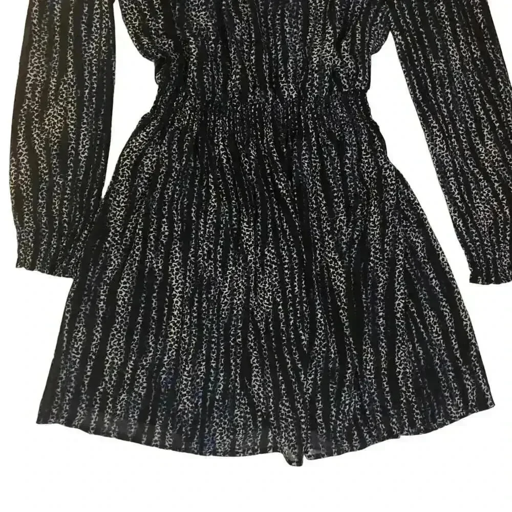 Michael Kors Navy Blue and White Striped Long Sleeve Chiffon Dress Size M